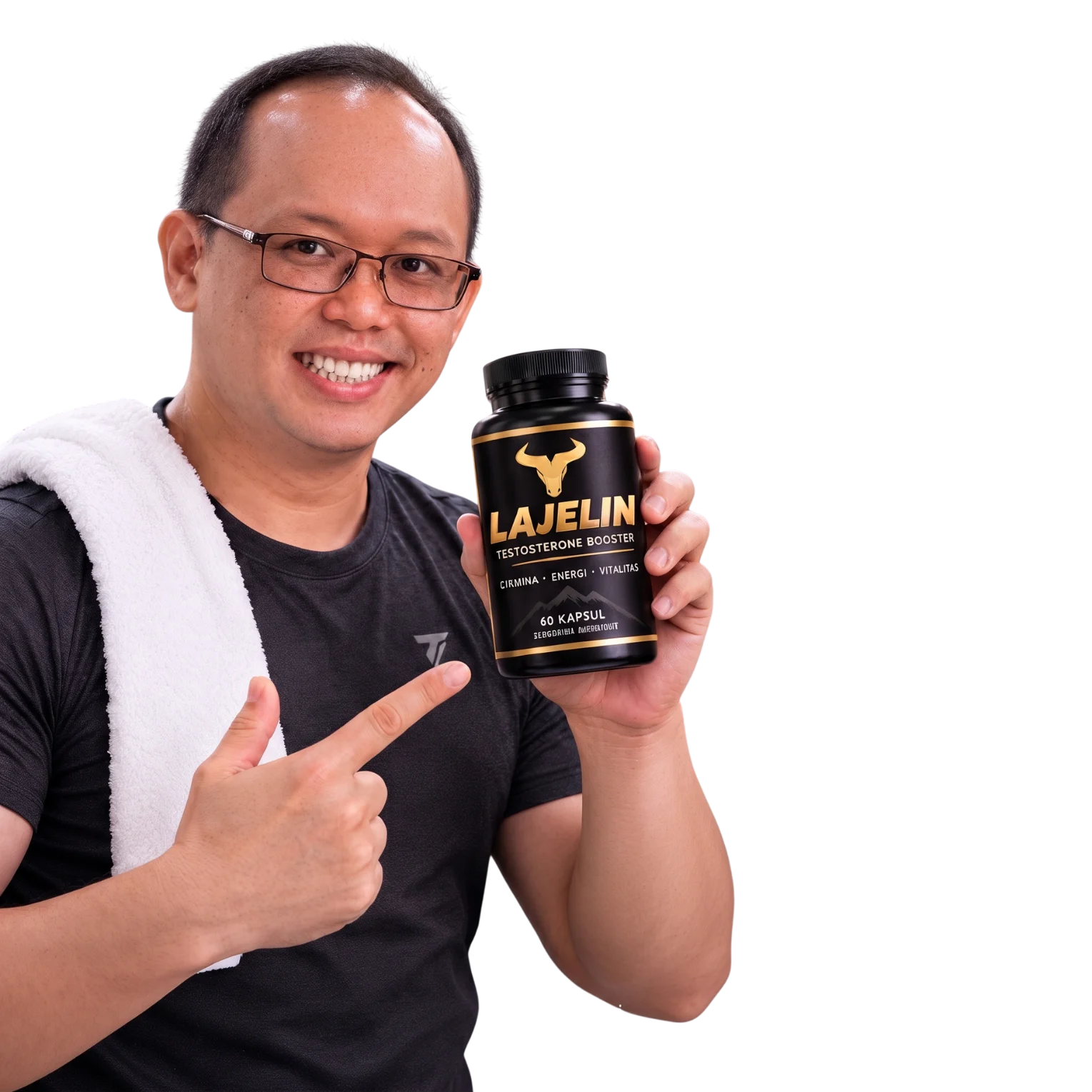 Pria tersenyum memegang botol LAJELIN Testosterone Booster 60 kapsul